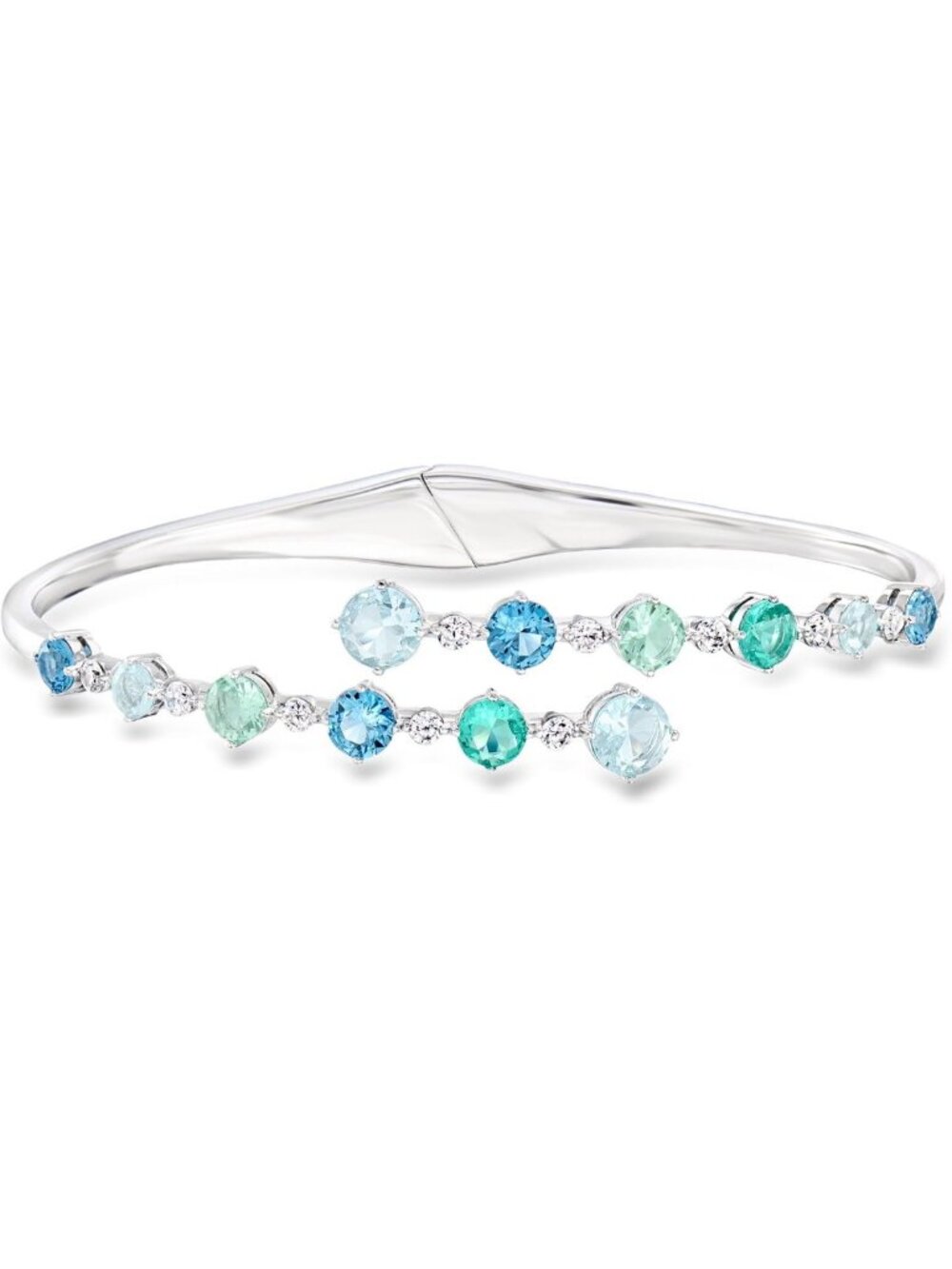 Rhodium-Plated Bypass Bangle Bracelet with Simulated Blue Gemstones & CZs